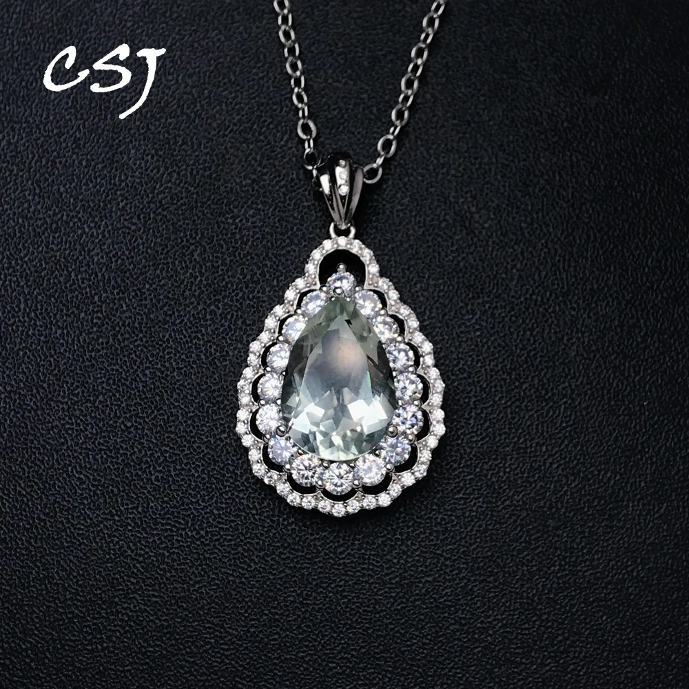 

CSJ Elegant Natural Green Amethyst Pendant Sterling 925 Silver Citrine Paraiba Gemstone 9*13mm for Women Girl Party Gift