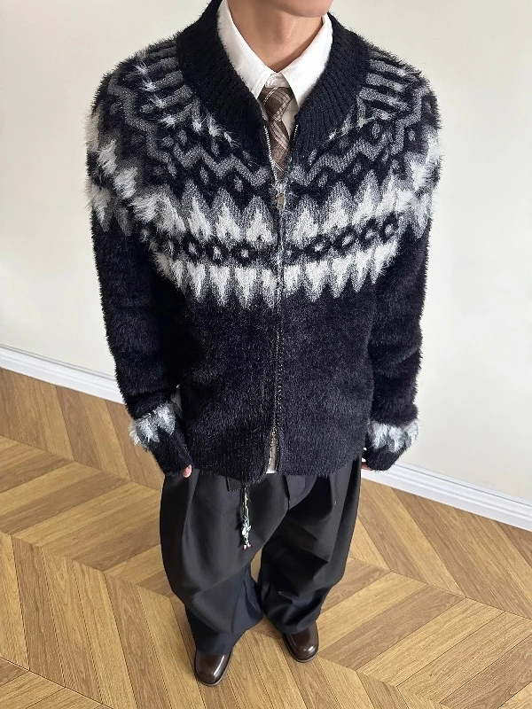 

Ретро американский норковый мех Fair Isle открытый кардиган свитер для мужчин и женщин осень-зима высокая атмосфера вязаная верхняя одежда Jaet