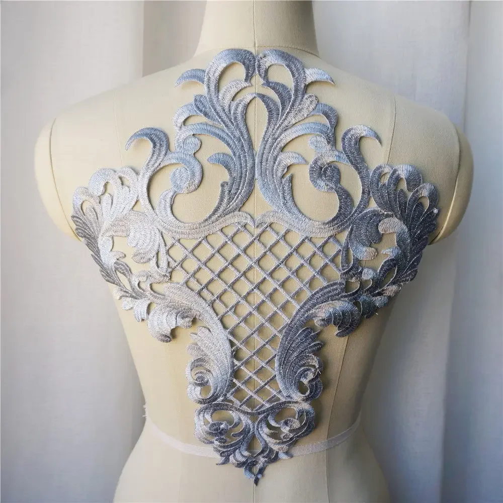 Silver Embroidery Baroque Grid Sequin Flower Applique Sew Iron Patch Collar Wedding Gown Bridal Dress Clothes DIY Handwork Craft