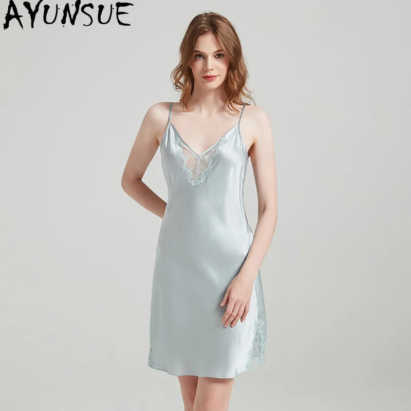 

AYUNSUE 19MM 100% Natural Mulberry Silk Nightgrown Sexy Sleepwear Night Dress for Women Summer Womens Clothes Пижама Женская
