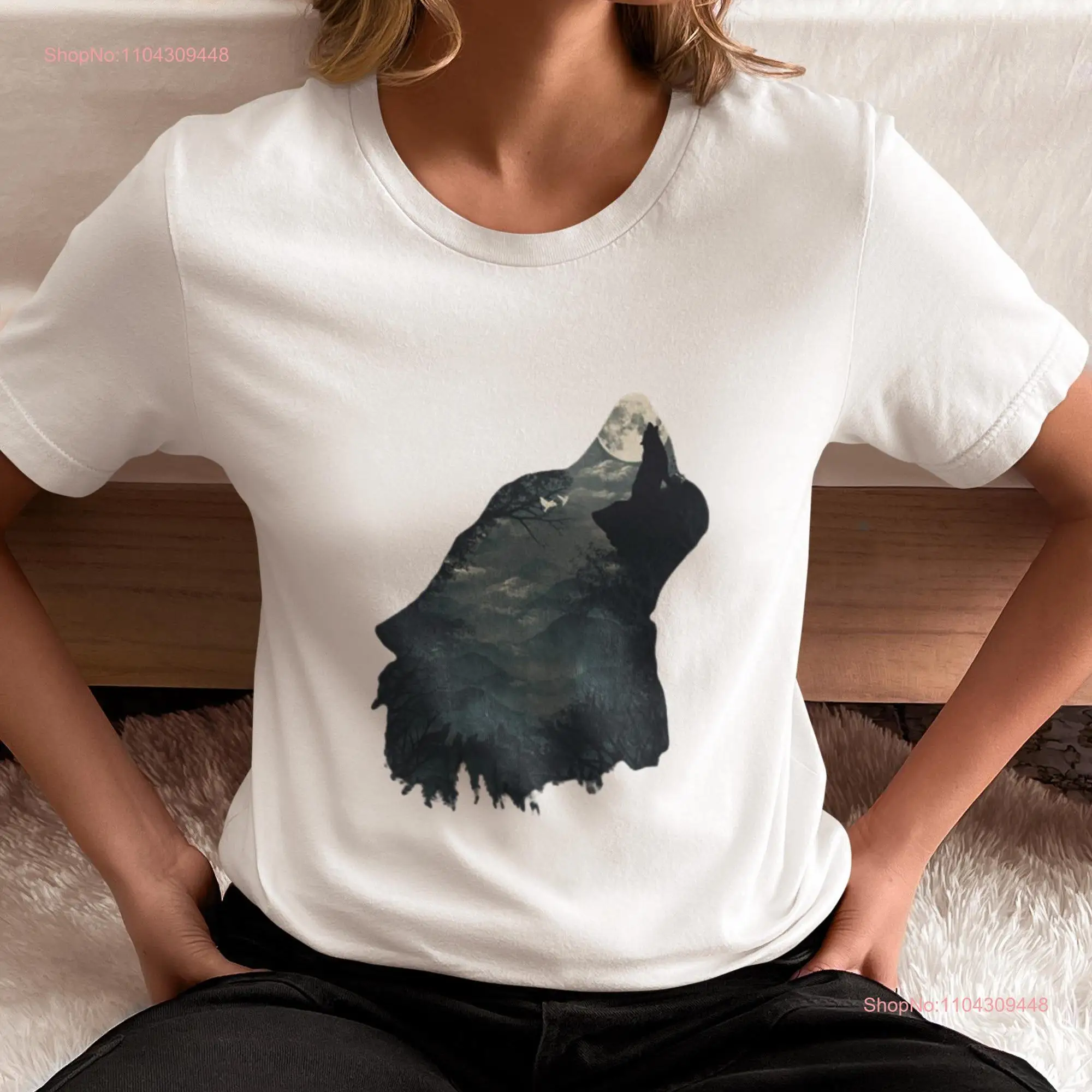 Howling Wolf Silhouette T Shirt Majestic Night Forest Scene for Nature Enthusiasts long or short sleeves