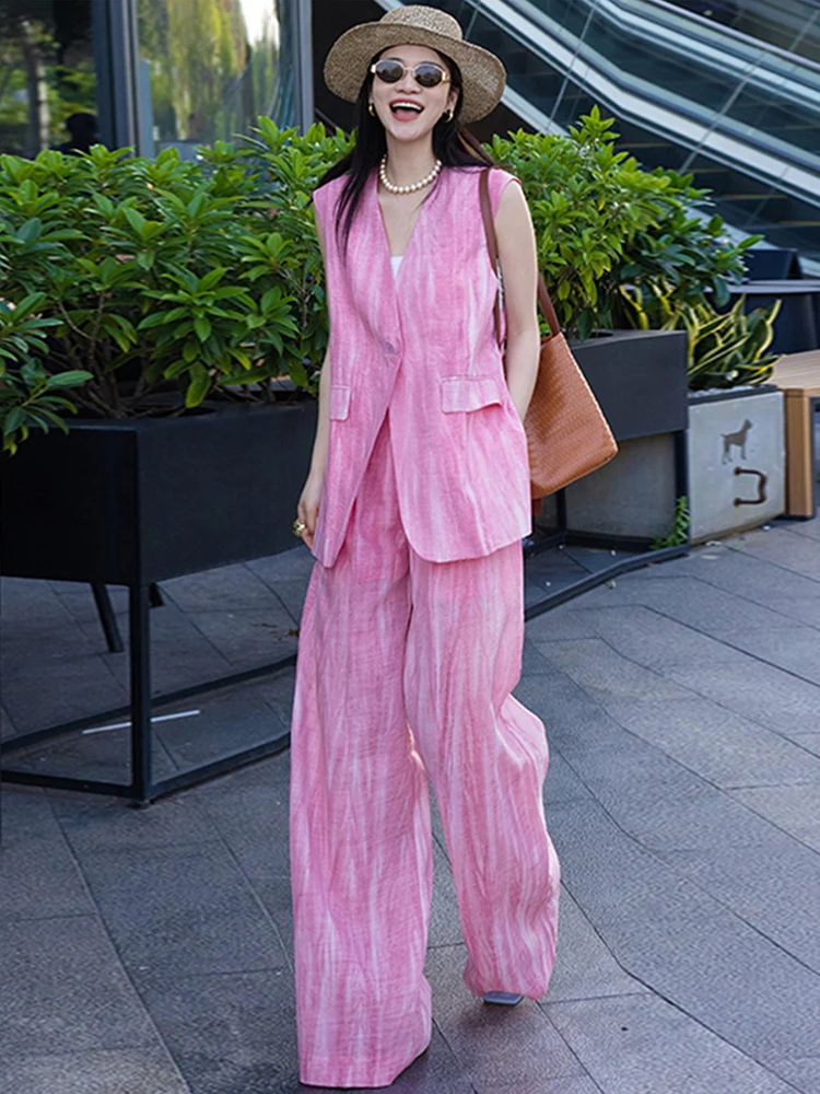 

Summer Age Reduction Complete Dress Set for Women 2025 New Pink Fashion Style Suit Vest Wide Leg Pants Two Piece Set