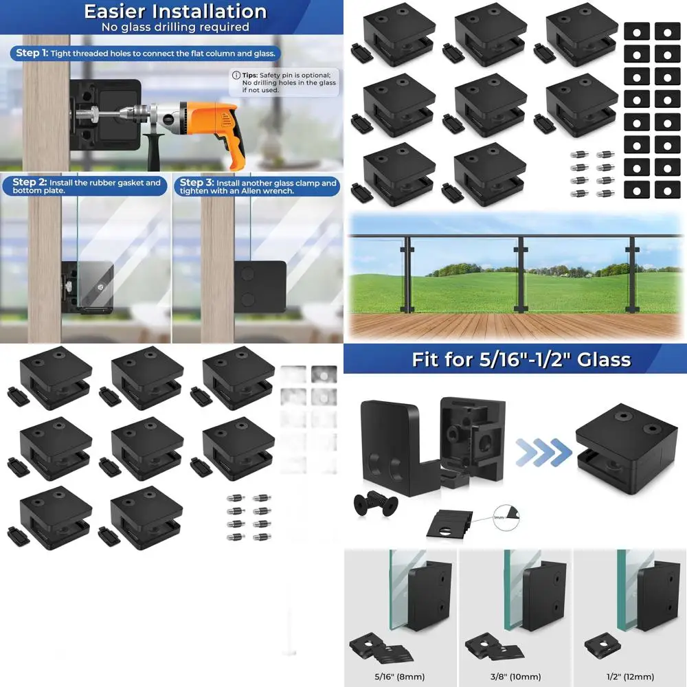 

Матовый черный сверхмощный квадратный стеклянный зажим 45x45 мм со съемной нижней пластиной и резиновыми прокладками для стекла 5/16-1/2