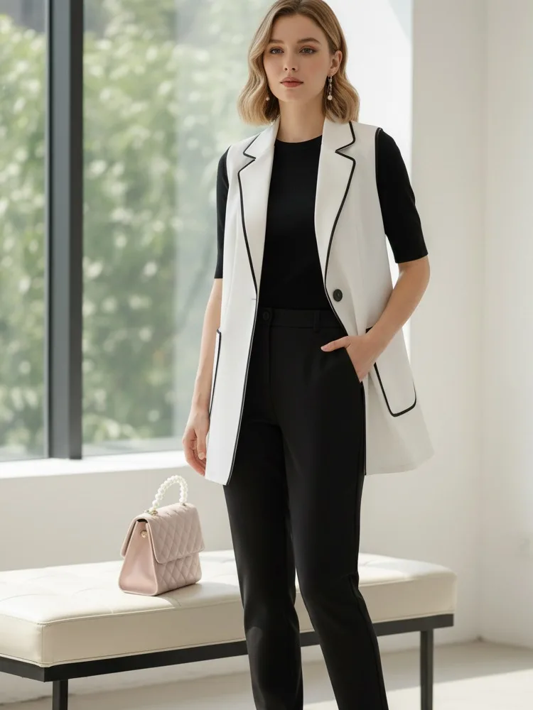 

Yeezzi Women's Sleeveless Blazer Vest Black Trim Lapel Single Button Pocket Slim Fit Elegant Office Casual Waistcoat Outerwears