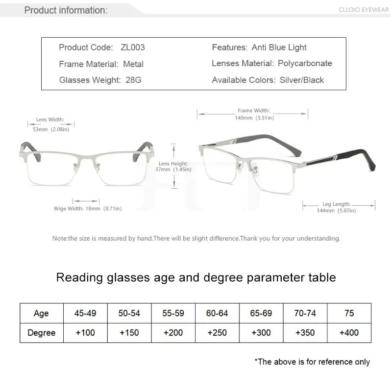 MDOD Men's Reading Glasses +0.5 To +4.0 Business Reading Lens Metal Frame Optical Anti Blue Light Presbyopia Glasses with Class