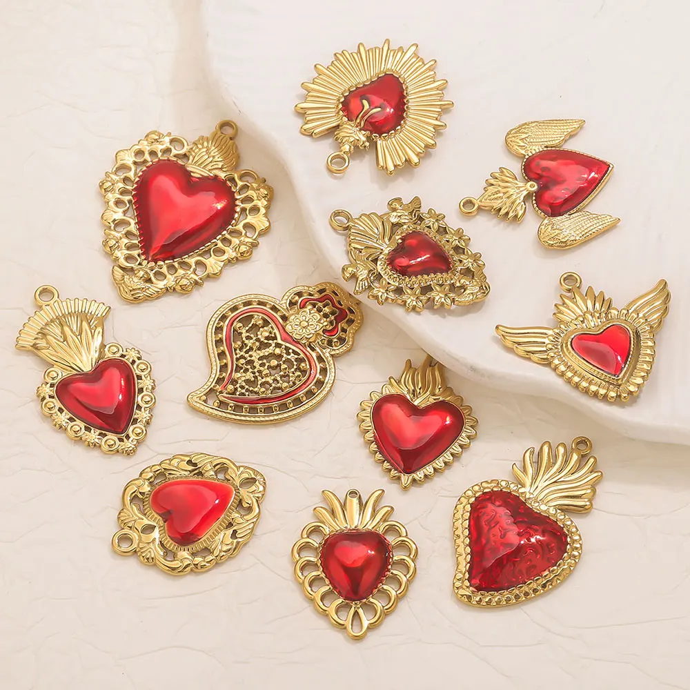 

3PCS Gold-Plated Sacred Red Heart Stainless Steel Charms Dorian Style Love Pendant DIY Women's Jewelry Necklace Earring Bracelet