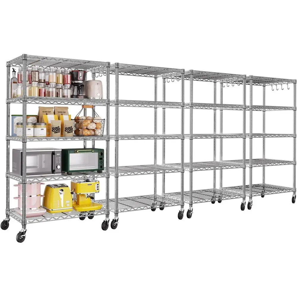 

4 Pack Steel Storage Wire Shelving 5 Tier Metal Shelves with Wheels,Adjustable Kitchen Utility Shelving Unit,Pantry Rack Rolling