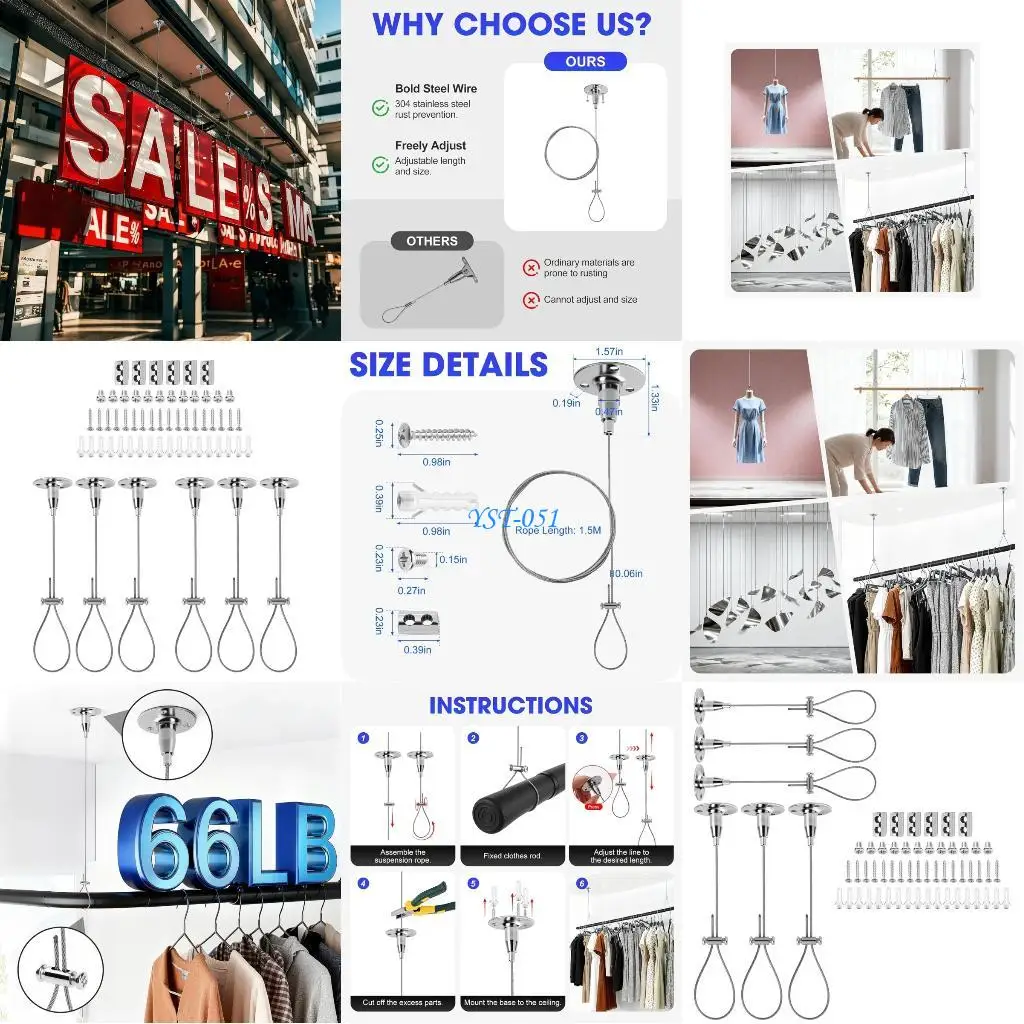 

E15A 6pcs Strong Steel Ceiling Mounted Shower Curtain Rod Bracket Adjustable Length Up To 59 Inch Rustproof For Bathroom