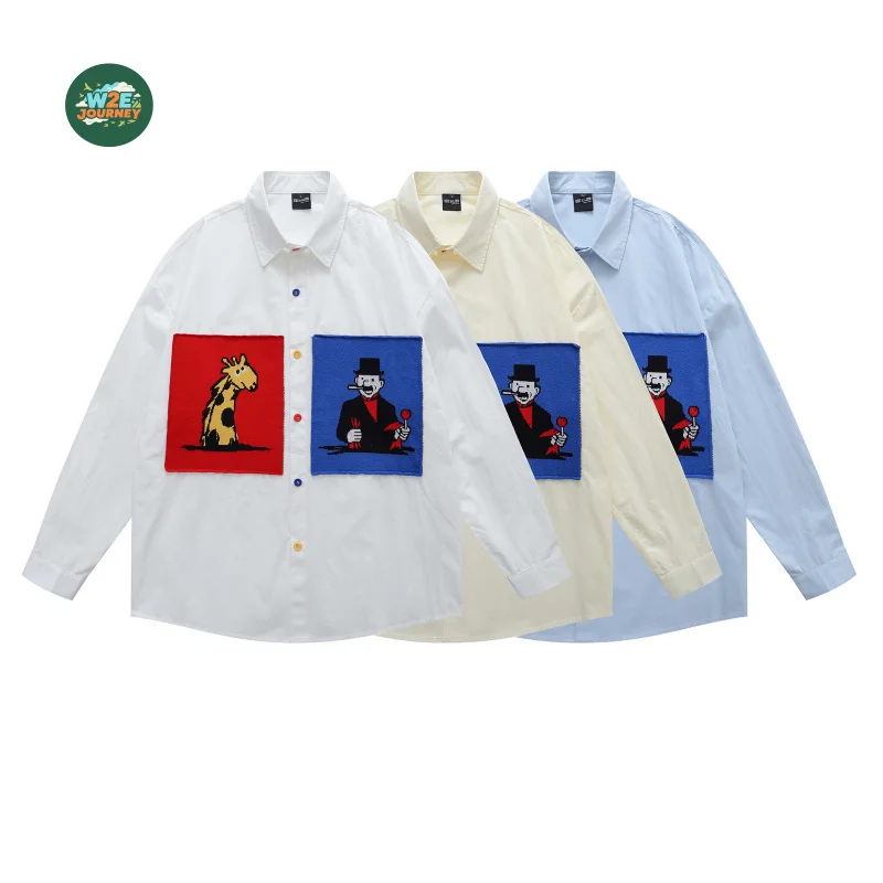 

W2EJOURNEY Высокое качество ЕС США Размер Роскошная уличная винтажная забавная лоскутная рубашка с длинным рукавом Мужская осенняя свободная повседневная рубашка