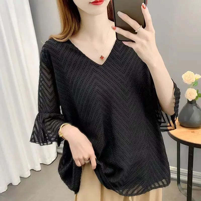 Summer Casual Women V-Neck Petal Sleeve Chiffon Shirt Sheer Loose Plus Size Top Office Lady Solid Elegant Trend All-Match Blouse