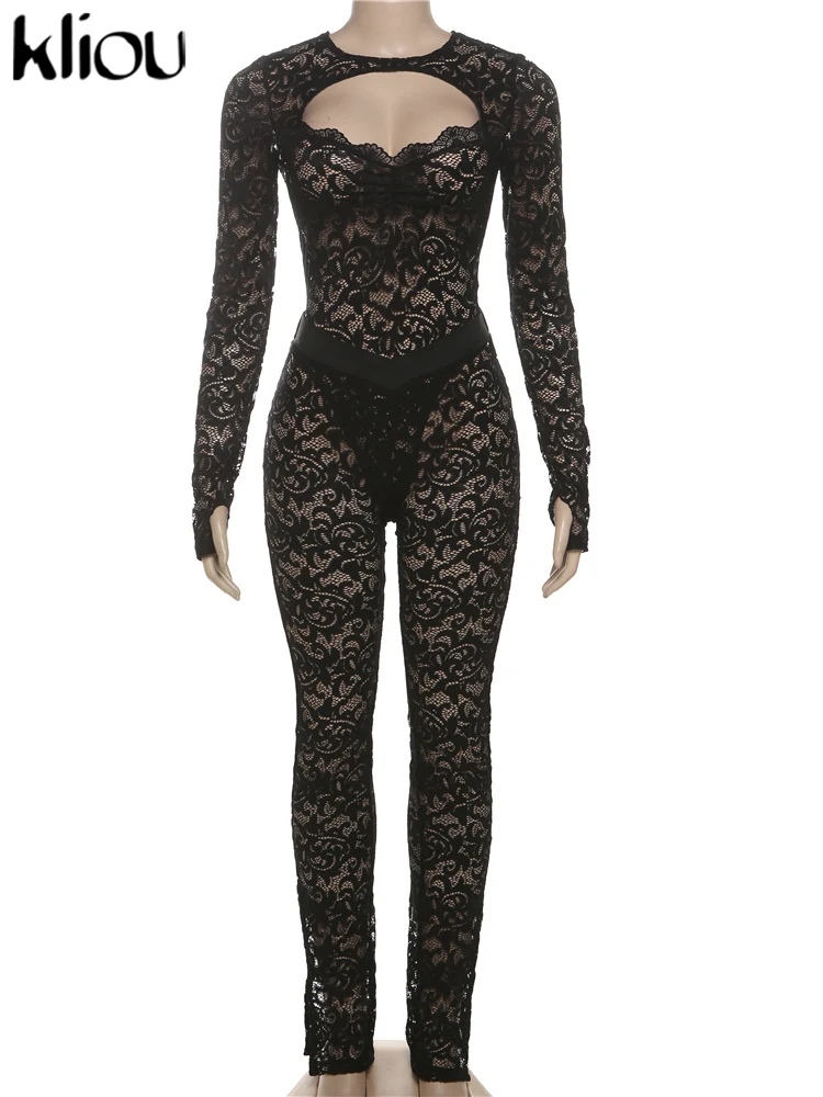 kliou Lace Embroidery Women 2 Piece Set Sexy Hot Sheer Backless Hollow Slim Bodysuits+Matching High Waist Pants Mujer Clubwear