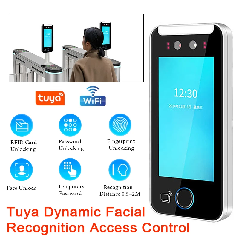 Schermo HD da 5 pollici 1080P WIFI Riconoscimento facciale dinamico Terminale di presenza e controllo accessi Sistema di controllo APP Tuya