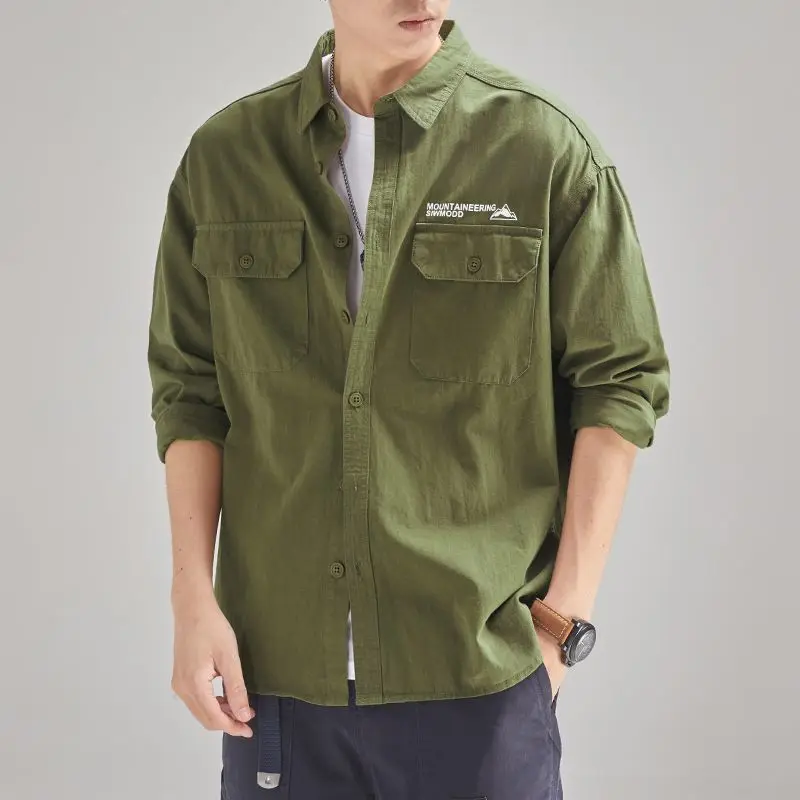 Men Clothing Spring Autumn Trendy Japanese Style Vintage Workwear Shirt Male Casual Letter Print Pockets Long Sleeve Loose Tops