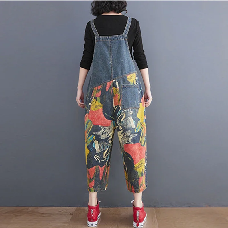 Streetwear Y2K Patchwork Printing Denim Jumpsuit Women Loose Wide Leg Dungarees Baggy Pants Rompers Spring Summer Jeans Overalls