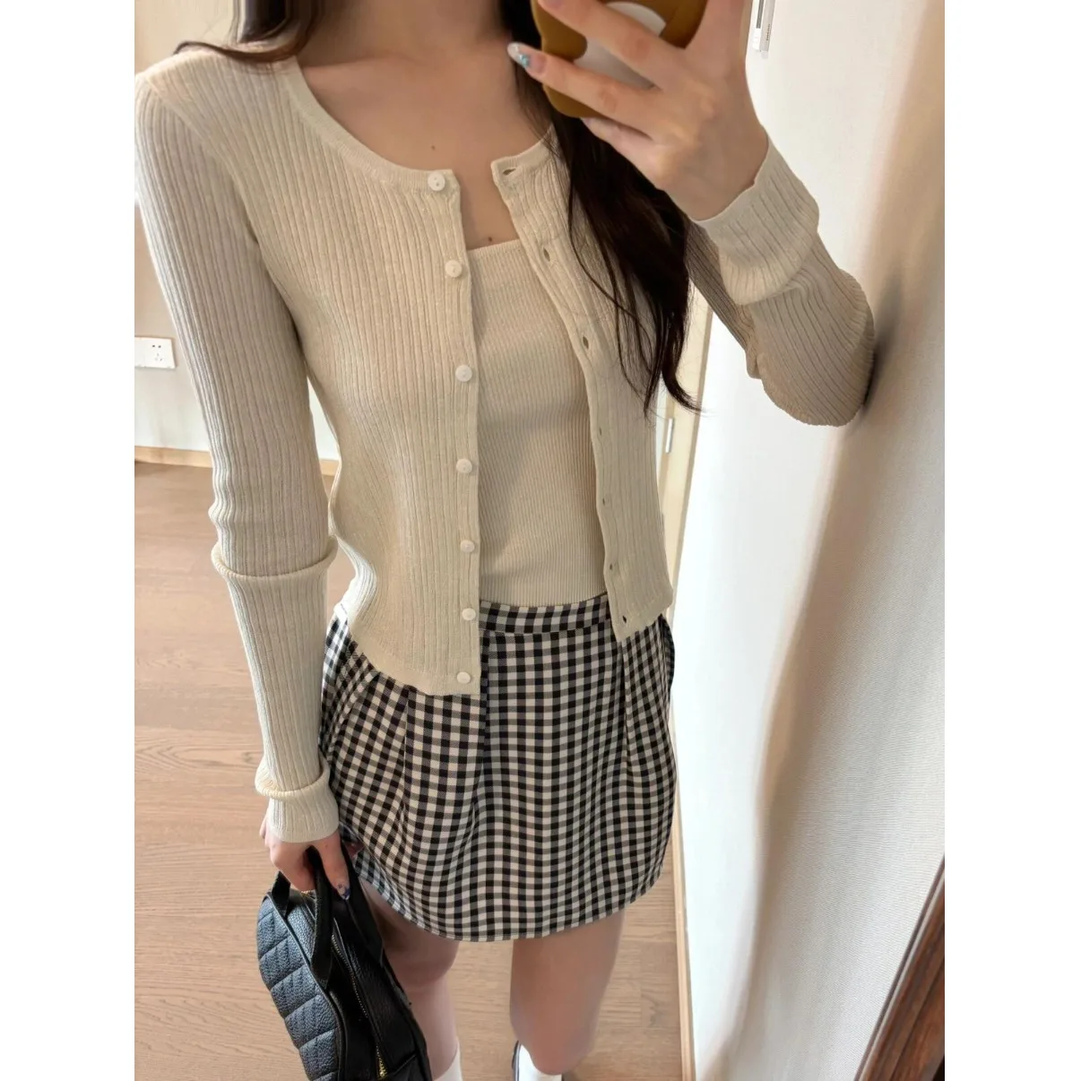 

Spring Knitted Two-Piece Set Women's Belted Outerwear Cardigan Sweet Spicy Body-Shaping Layered Top Long Sleeve round Neck