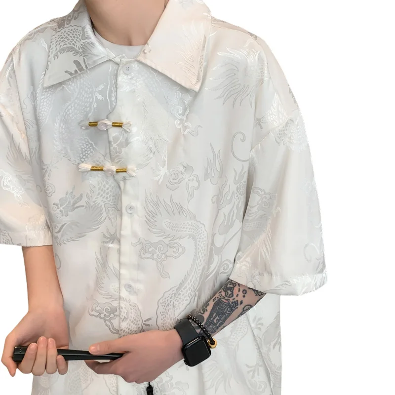 Men\'s Summer Blouse White Fashion Chinese Loong Pattern Shirts for Men 5XL Oversize Short Sleeves Dress New Clothing Casual