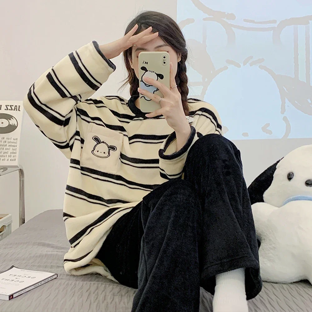 Kawaii Plush Warm Pajamas Set Pochacco Women Sanrio Anime My Melody Coral Fleece Thicken Cartoon Homewear Girls Cute Nightgown