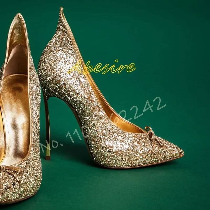 

Spring New Style Gold Shiny Pumps Pointed Metal Heel Shallow Bow High Heels Fashionable Sexy Wedding Shoes Elegant Dress Pumps