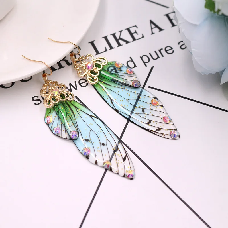 

18K Gold Plated Green Earring Gradient Cicada Butterfly Wing Earrings Fashion Jewelry Girls Butterfly Earrings