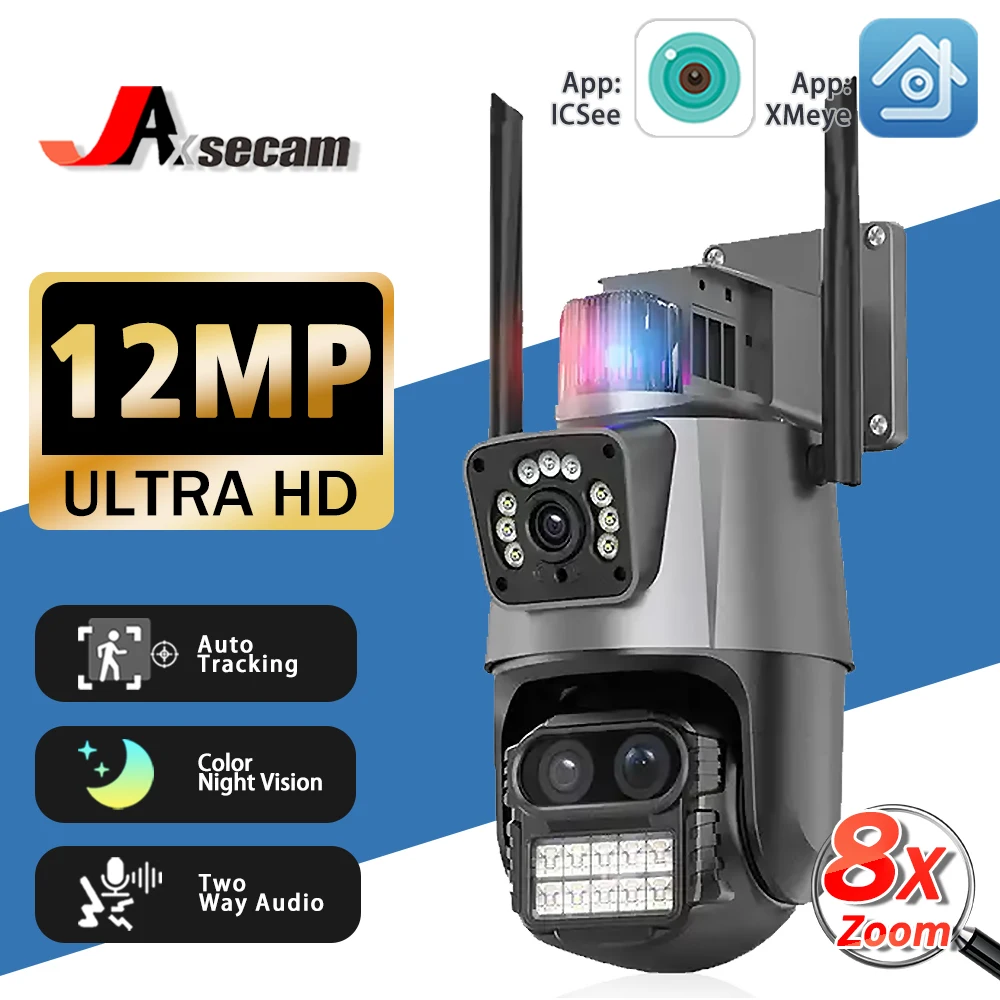 

12MP Three Lens 8X PTZ Zoom Outdoor Security Light Alarm 6K Video Surveillance WiFi IP PTZ CCTV Network ICsee PTZ Control Camera