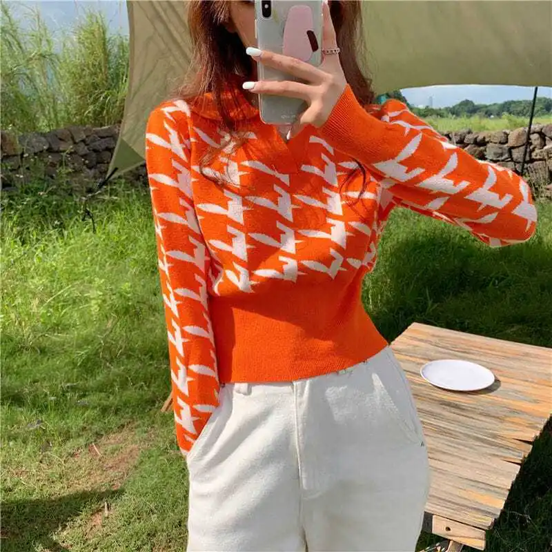 Sweater 2023 New Spring and Autumn Knitwear Women's Short Thousand Bird Checker Long Sleeve Lazy Bottom Top Winter Clothes Women