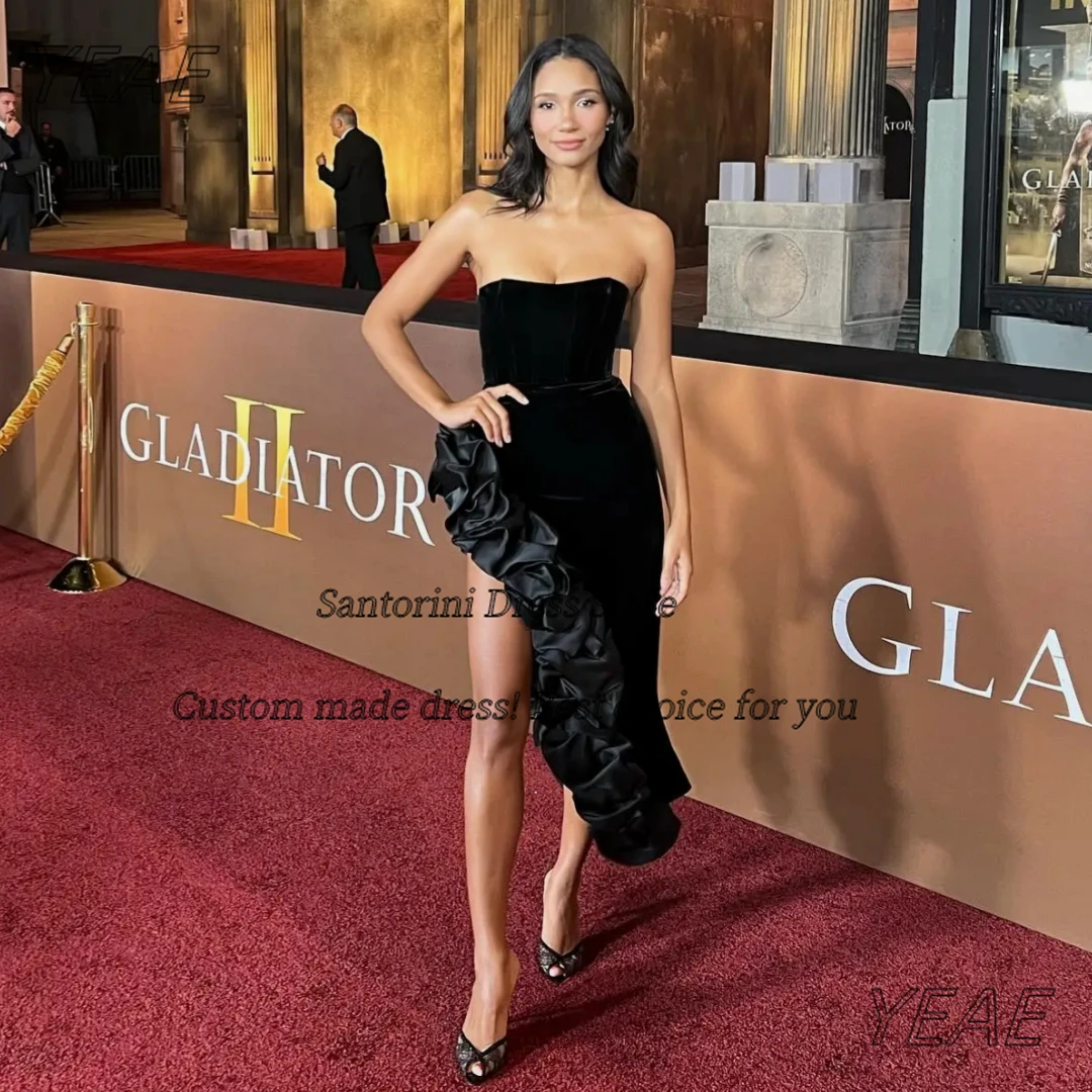 Santorini Celebrity Women Red Carpet Wear Little Black Prom Dresses Strapless Ruched Side Slit Cocktail Party Gowns Customized