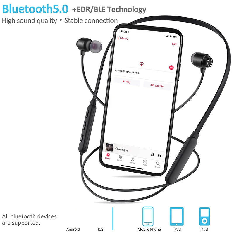 Auriculares Bluetooth V5.1, auriculares magnéticos con banda para el cuello y micrófono, emparejamiento automático, 12 horas de reproducción, sonido HD estéreo