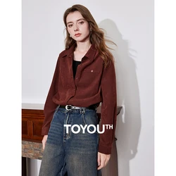 TOYOUTH Women Fleece Blouse Shirt 2024 Autumn New Vintage Apricot Turn Down Collar Long Sleeve Cardigan Shirt Tops