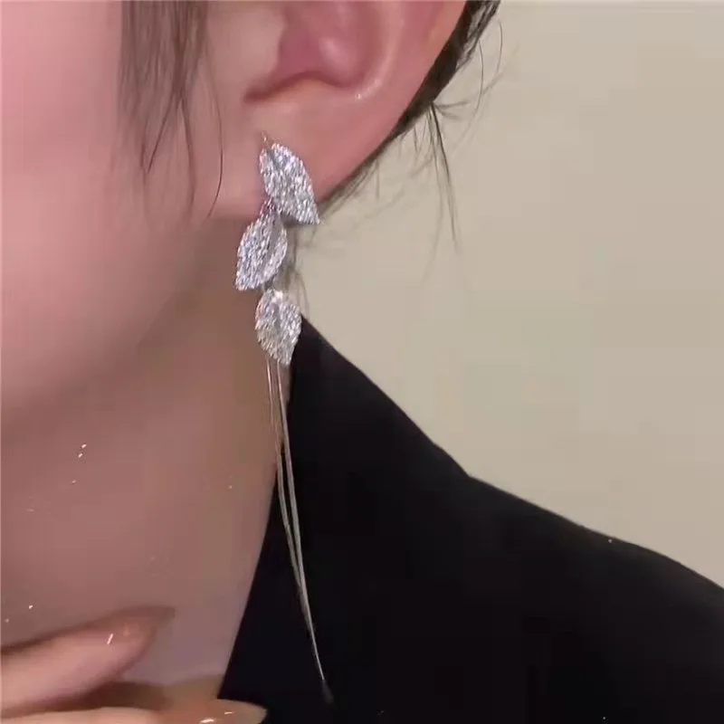 Trendy 14K Real Gold Leaf Tassel Drop Earrings for Women Girl Korean Fashion Jewelry S925 Silver Needle AAA Zircon Party Gift