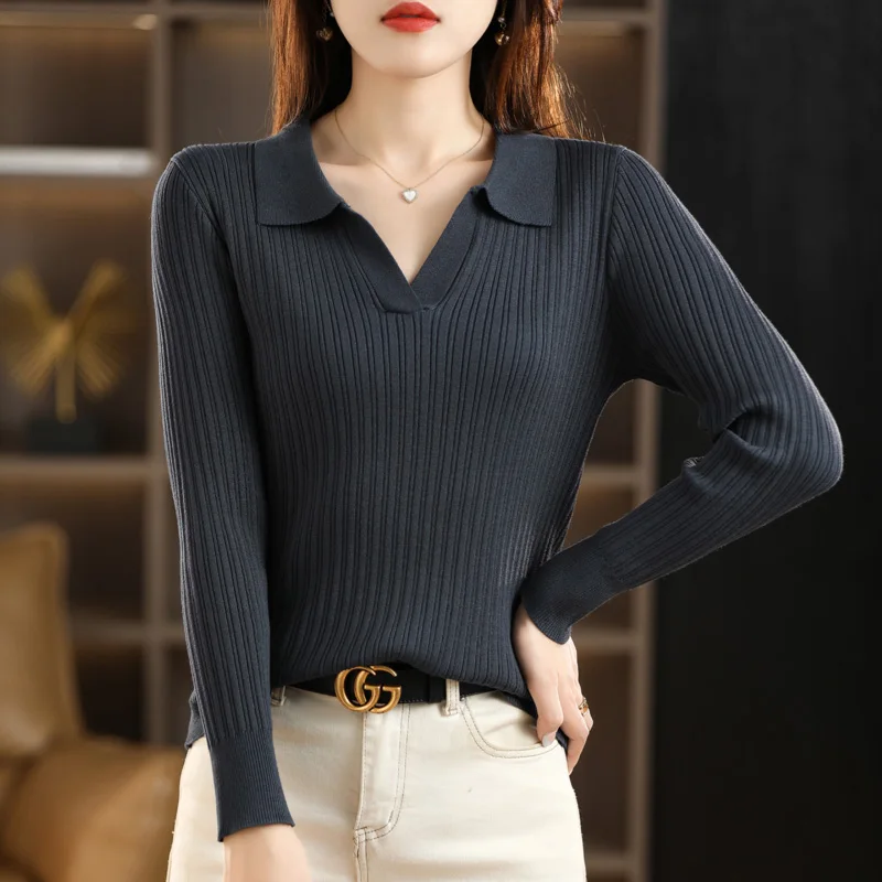 Women New Wool Blend Sweater Polo Collar Vertical Stripes Pullover Autumn Winter Bottoming Shirt Casual Slim Warm Knitting Top