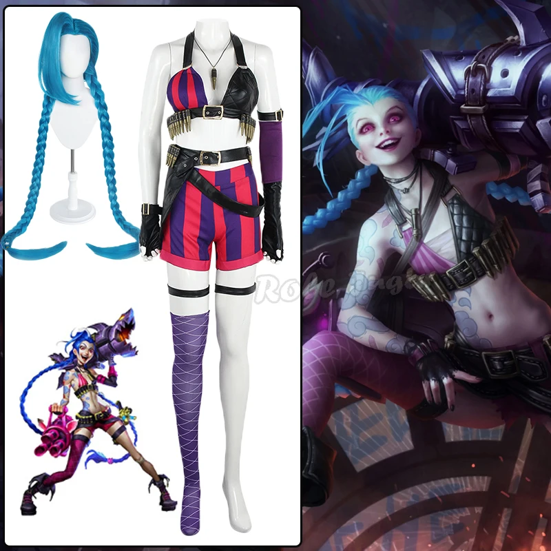 Oyun LOL Arcane Cosplay kostüm Crit Loli Jinx Cosplay Anime gevşek topu Cosplay kıyafet peruk seksi kadın karnaval kostüm