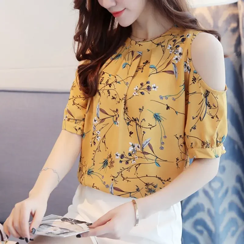 New Fashion Chiffon Floral Print Women Blouse Short Sleeves O-neck Women\' Clothing Loose Female Tops Elegant Shirt 825C