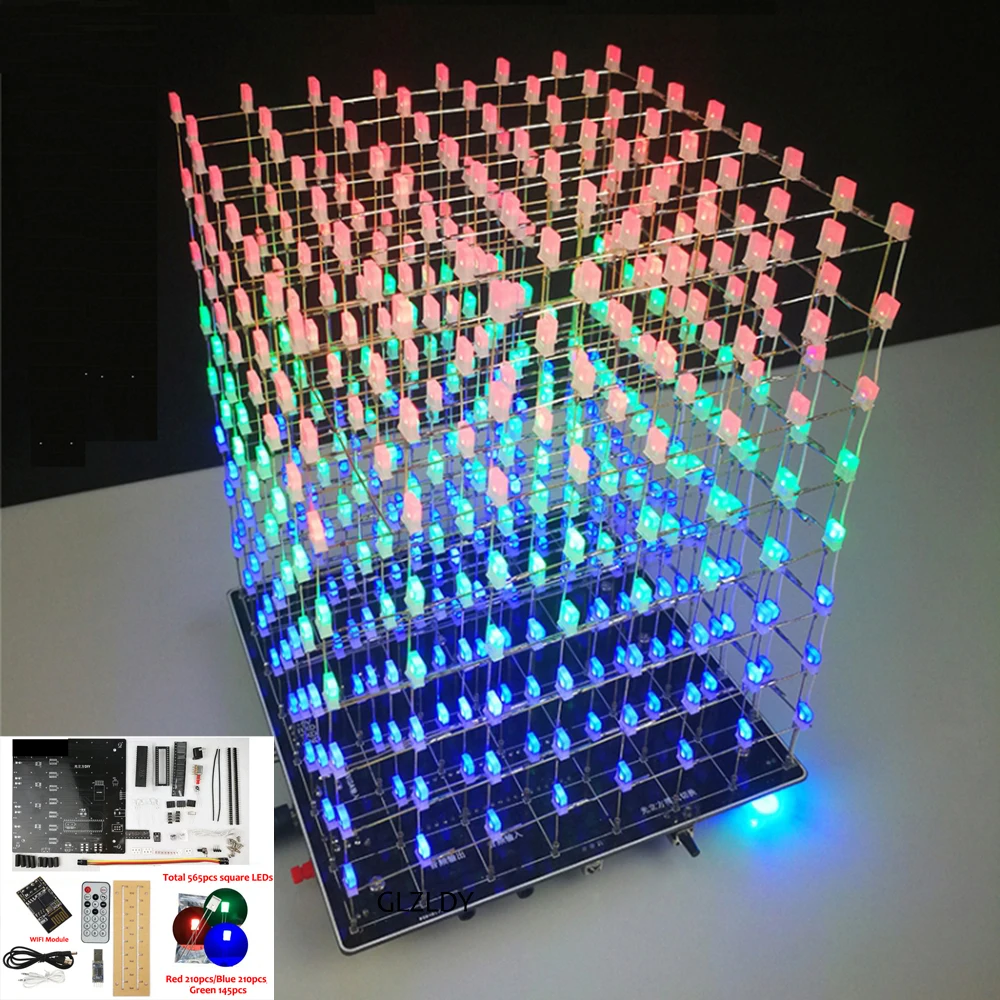 Cololful Light Cubes DIY WIFI APP 8x8x8 3D LED Cube square Kit rosso blu verde LED MP3 Music Spectrum text Electronic Kit