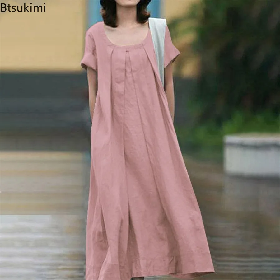 2024 Summer Pleated Temperament Casual Long Dress Women's Solid Cotton Linen Loose Short-sleeved Dresses Women Maxi Dress S-5XL