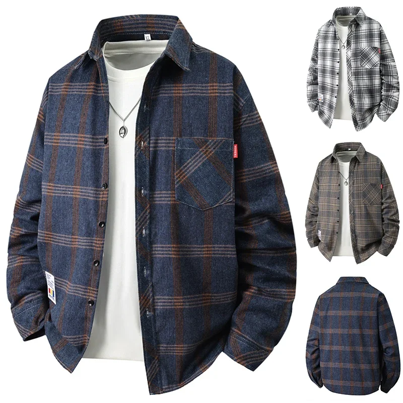Daily Versatile Checkered Shirt Male Loose Silhouette Long Sleeve Pocket Tag Decoration Outdoor Leisure Shirt Jacket