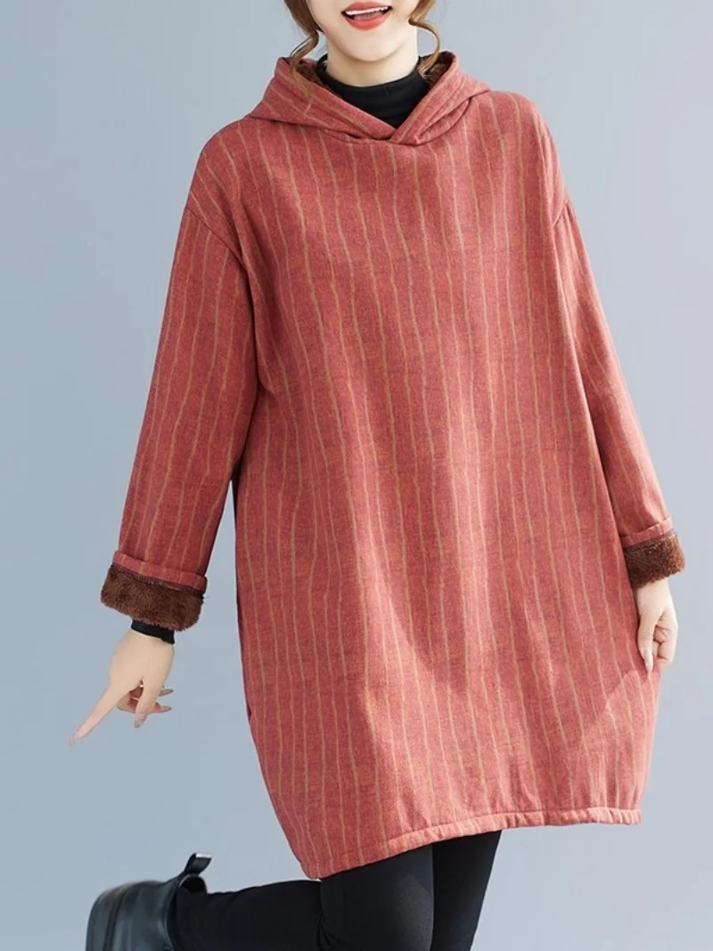 Printed Hooded Sweatshirt Dress For Women Autumn Winter 2025 Casual Warm Loose Plush Thick Cotton Coat Hoodie jacket W1001