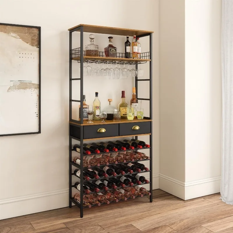 

Wine Rack Freestanding Floor with Wine Glasses Holder, Liquor Cabinet Bar for Home, 2 Storage Drawers, Bar Cabinet with