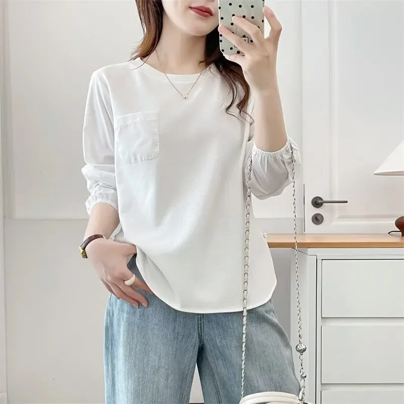 

Women's Solid Color Pocket Lantern Sleeve Loose Cotton Blouse Casual Summer Top