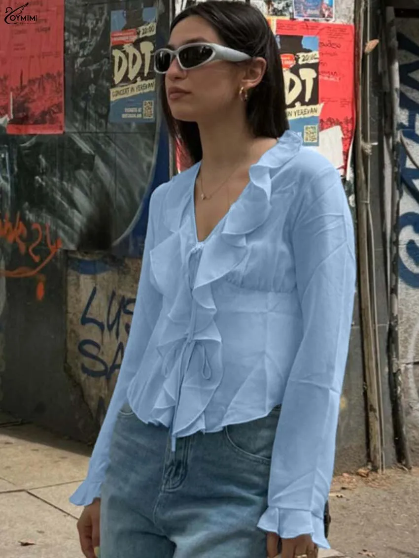 Oymimi Fashion Blue V-Neck Woman Blouses Autumn Casual Long Sleeve Ruffled Solid Blouses Elegant Lace-Up Slim Blouse Streetwear