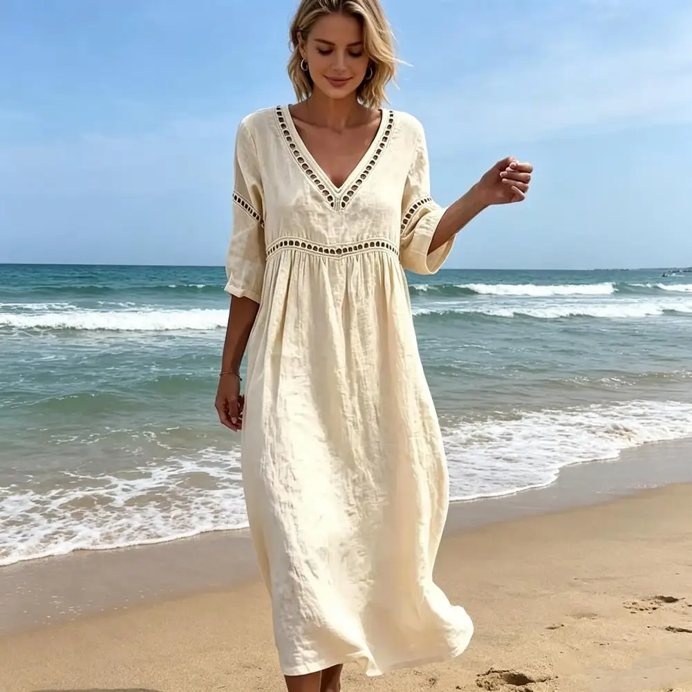 Summer Beachwear Linen Dress for Women, Casual Beach A-Line Flowy Sundress, Short Sleeve V Neck Hollow Eyelets Long Dress view 3