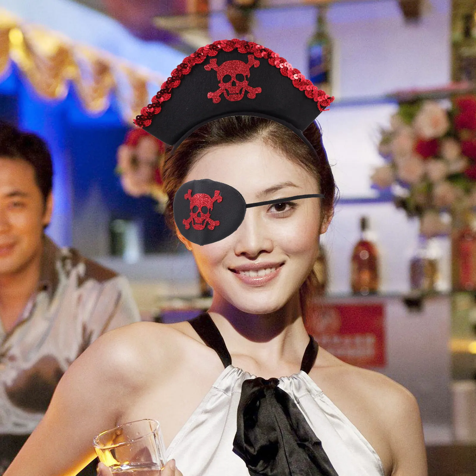 

Halloween Officer Hat with Skull Eye Patch Pirate Costume Accessory for Adults