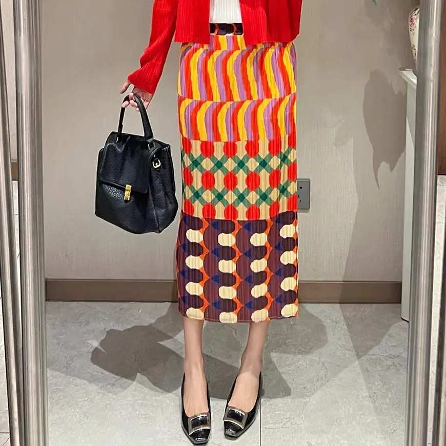 

2026, весна/лето, женская полуюбка с цветными блоками и волнистым геометрическим принтом, эластичная повседневная офисная юбка с высокой талией
