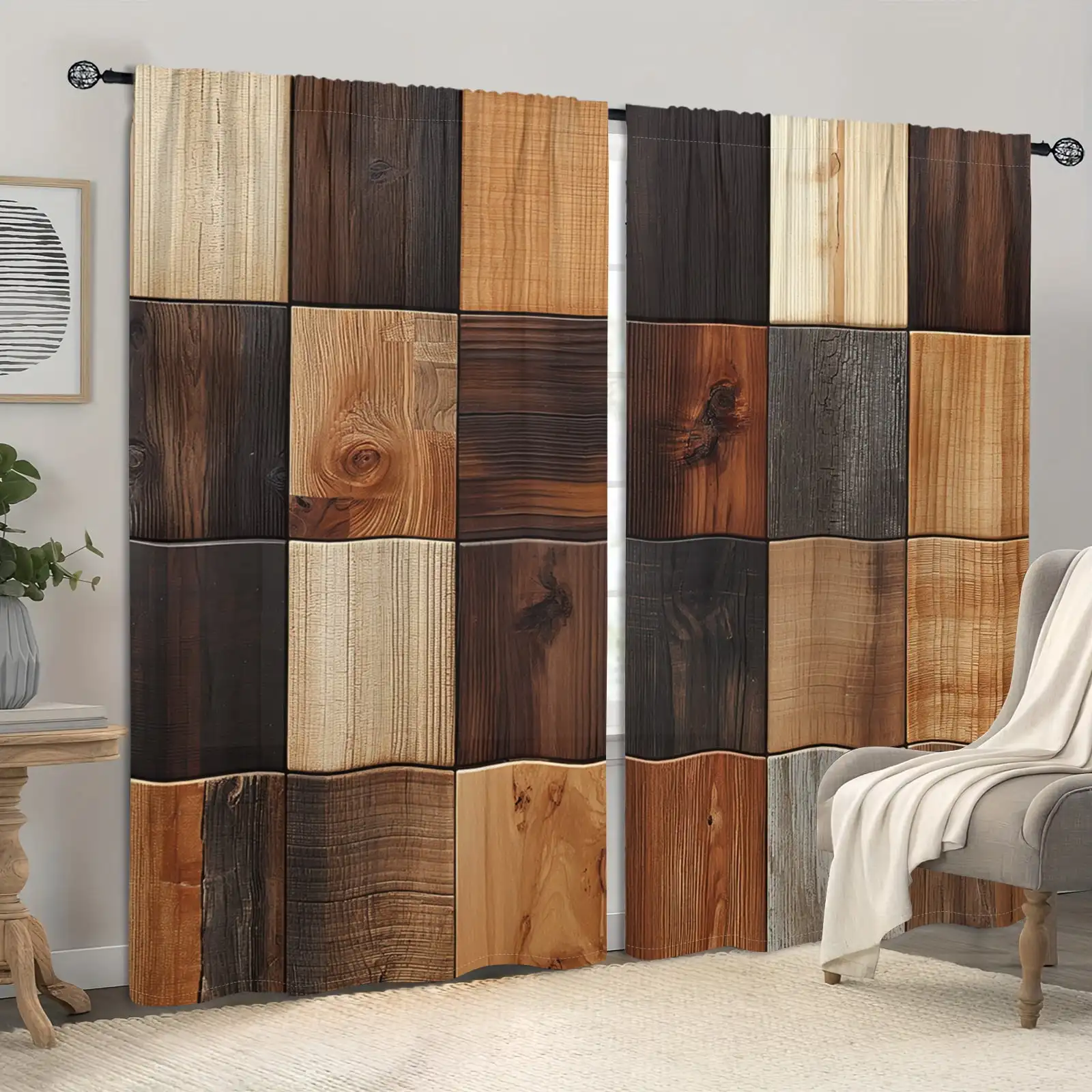2pcs Curtains Peach Skin Polyester Farm Style Wooden Board Wood Grain Patchwork Light Filtering Bedroom Living Room Decor