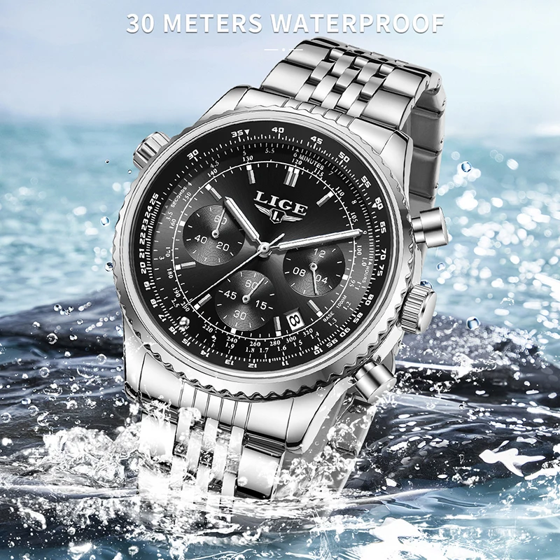 LIGE ساعة مضيئة للرجال موضة رجال الأعمال ساعة رياضية مقاوم للماء كرونوغراف رجالية كوارتز ساعات المعصم Relogio Masculino