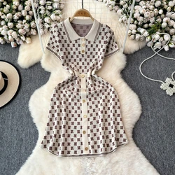 Foamlina 2024 Summer New Retro Polo Collar Jacquard Knitted Dress Women's Clothes Waist Cinching and Slimming Sweater Dresses