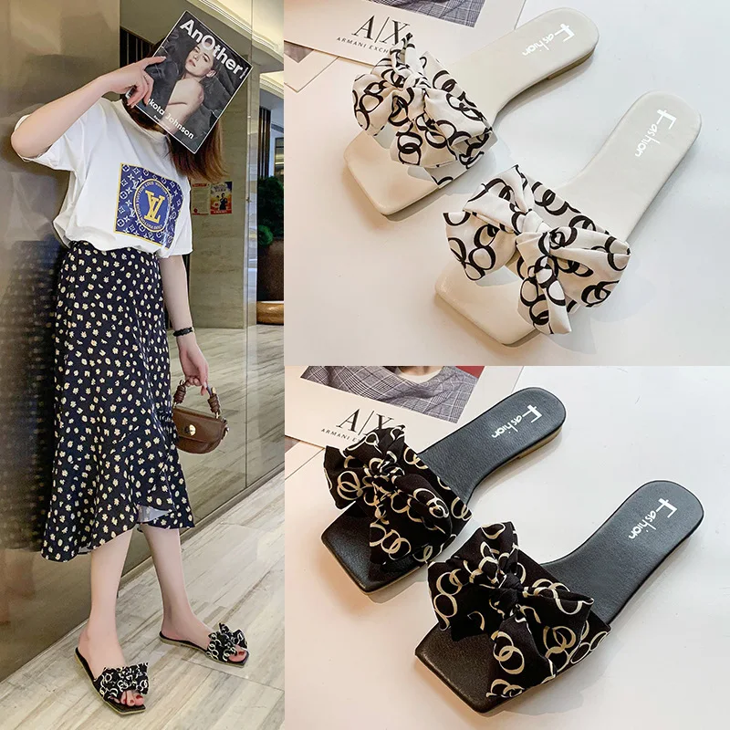 

Big Size 35-43 Women Slippers Breathable Flat Non-slip Outdoor Simple Fashion Casual Summer New Butterfly Bow Square Head Beach