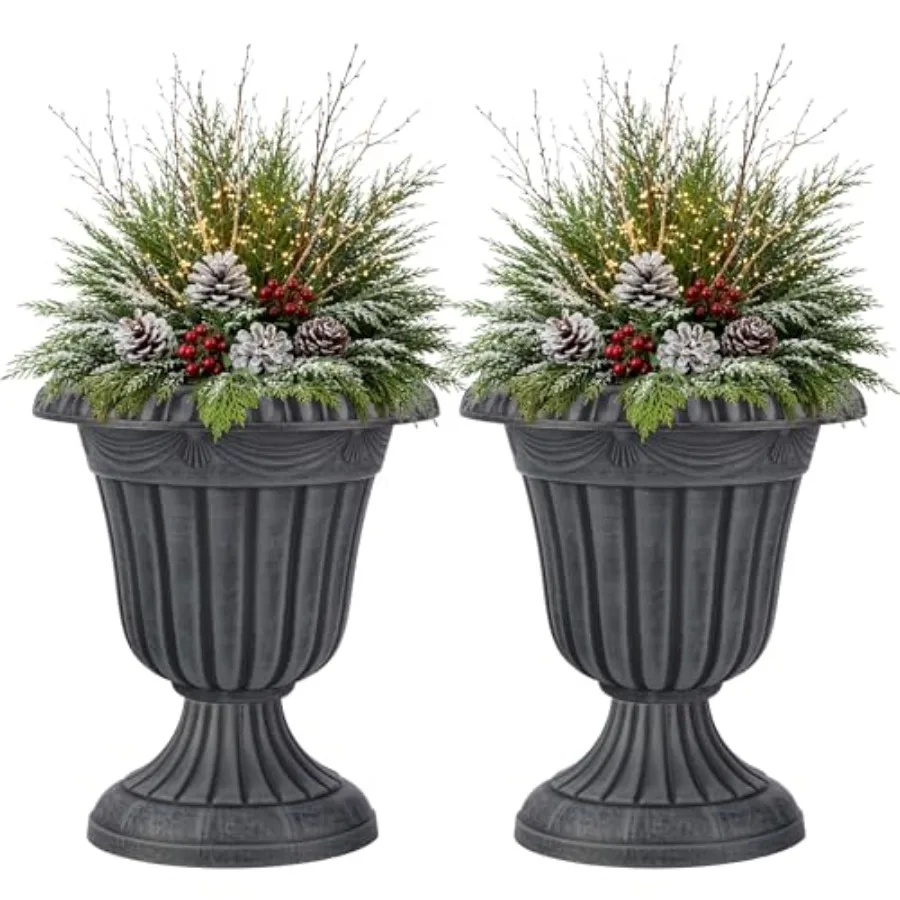Outdoor Planter 2-Pack - 16x18-Inch Urn Planters for Front Porch Decor, Indoors, Patio or Entryway - Plastic Plant Pots - Large