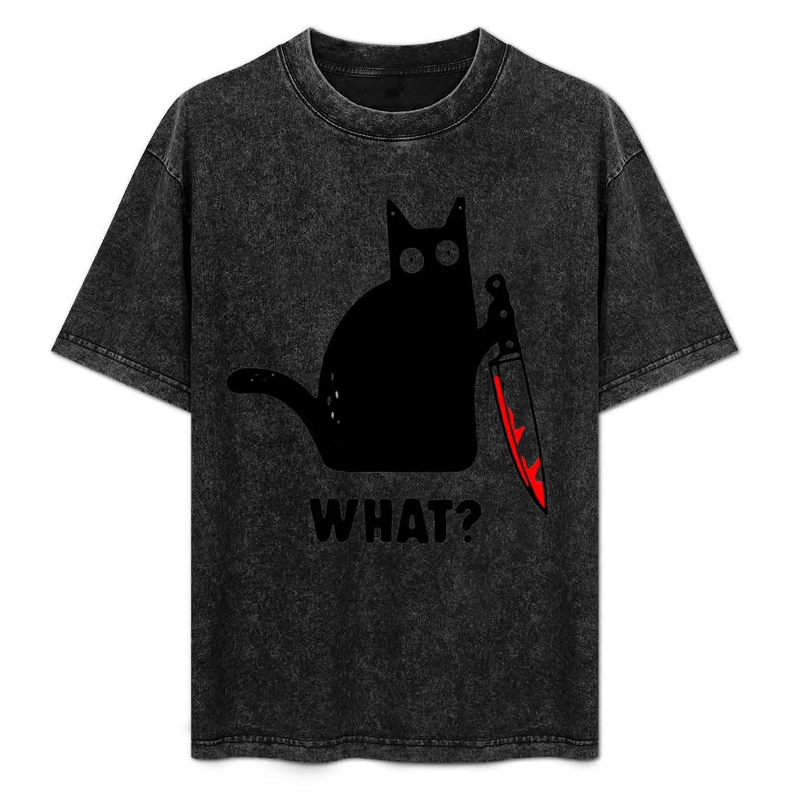 

Funny cat with a knife WHAT T-Shirt Soft Casual Short Sleeve Cotton Tee