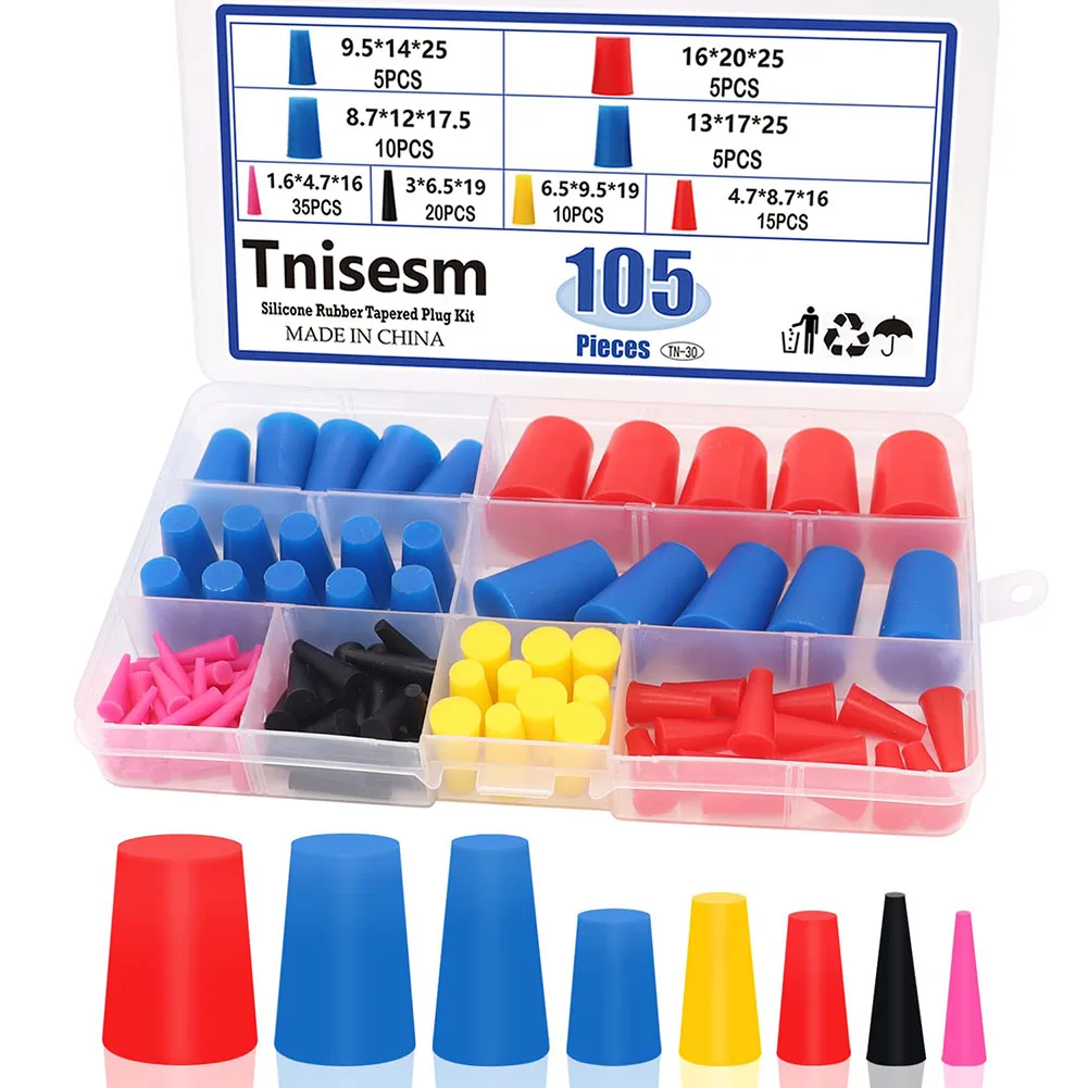 105 Pcs High Temp Masking Plugs Powder Coating Silicone Cone Plugs Assortment Kit Car Maintenance Reusable Accessories