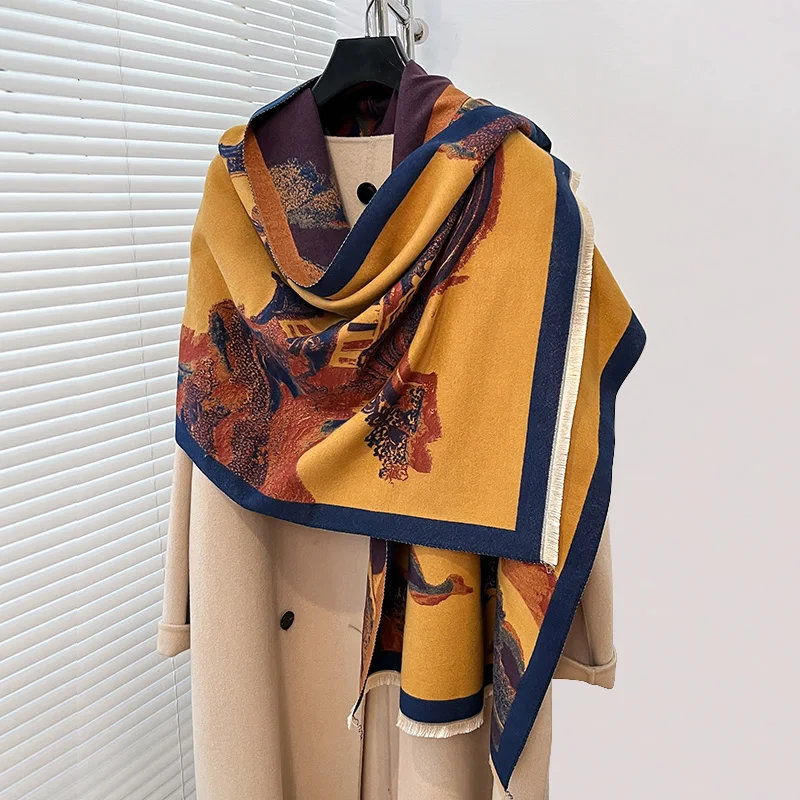 New Luxury Design Winter Cashmere Landscape Painting Scarves High Quality Women Thicken Wrap Shawl Ladies Wool Pashmina Scarf